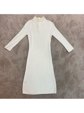 Calvin Klein cream faux Pearl embellished neck ribbed knit dress long sleeve L